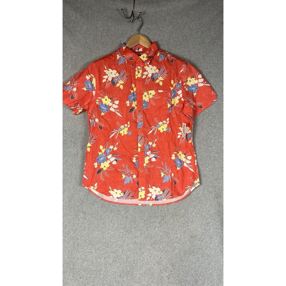 Old Navy Shirt Men’s Large Red Floral Hawaiian Slim Fit Button Up Cotton NWT
